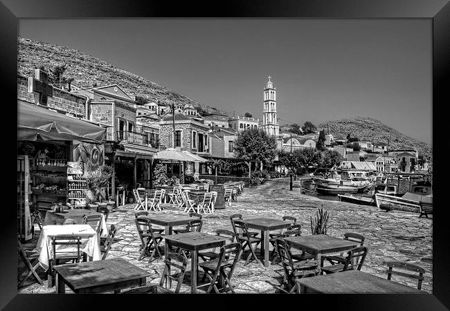 Bell Tower and Tables B&W Framed Print by Tom Gomez