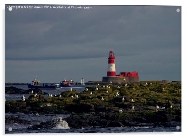  Longstone Lighthouse, boats & birds Farne Islands Acrylic by Martyn Arnold