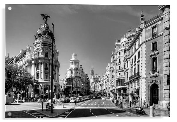 The end of the Calle de Alcalá B&W Acrylic by Tom Gomez