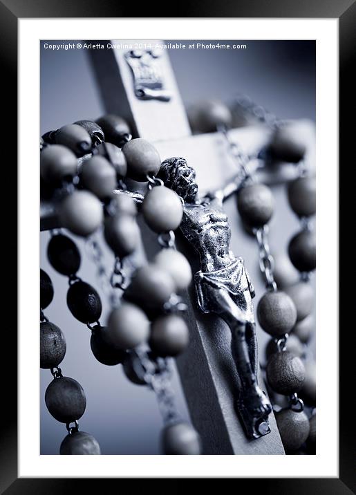 Blue toned Jesus rosary Framed Mounted Print by Arletta Cwalina