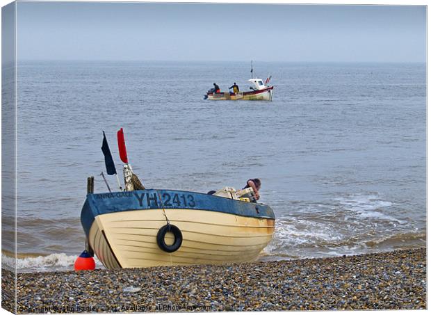 "Coming Ashore" Fishing Boat Landing on the beach  Canvas Print by john hartley
