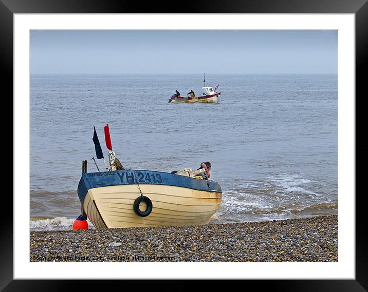 "Coming Ashore" Fishing Boat Landing on the beach  Framed Mounted Print by john hartley