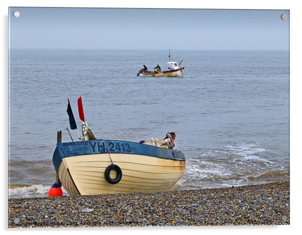"Coming Ashore" Fishing Boat Landing on the beach  Acrylic by john hartley