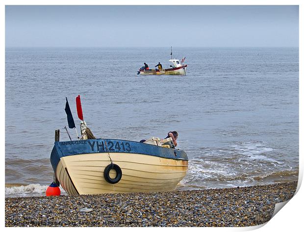 "Coming Ashore" Fishing Boat Landing on the beach  Print by john hartley