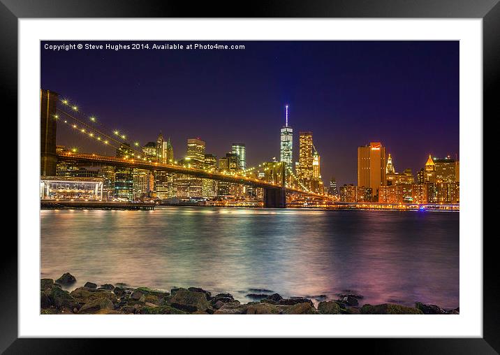 Manhattan at night from Brooklyn Framed Mounted Print by Steve Hughes