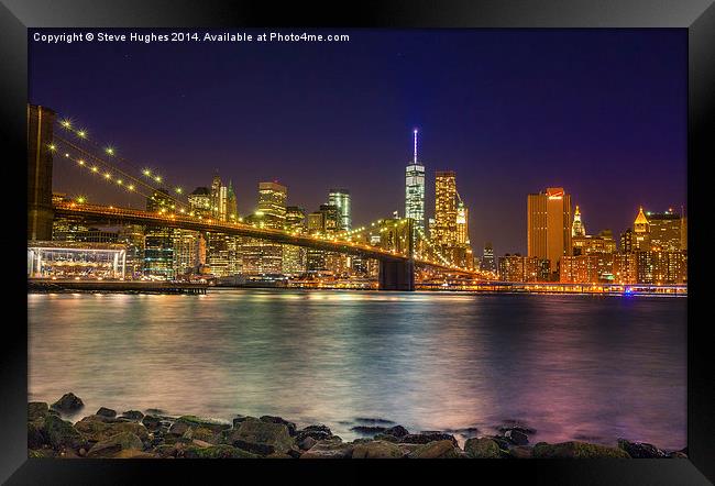 Manhattan at night from Brooklyn Framed Print by Steve Hughes