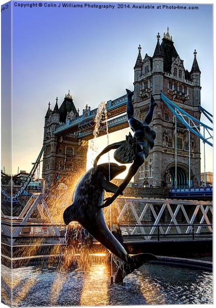  Tower Bridge and Girl with a Dolphin Fountain  Canvas Print by Colin Williams Photography