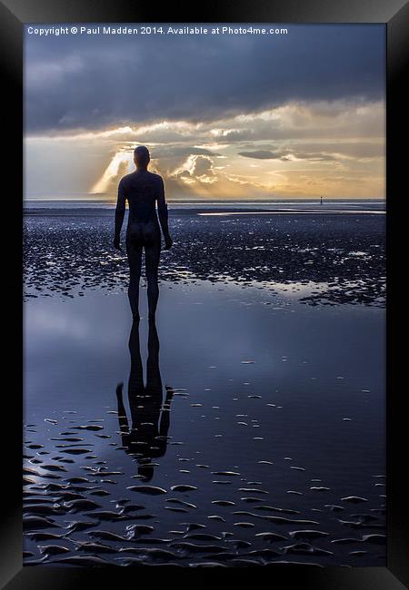 On reflection at Crosby Beach Framed Print by Paul Madden