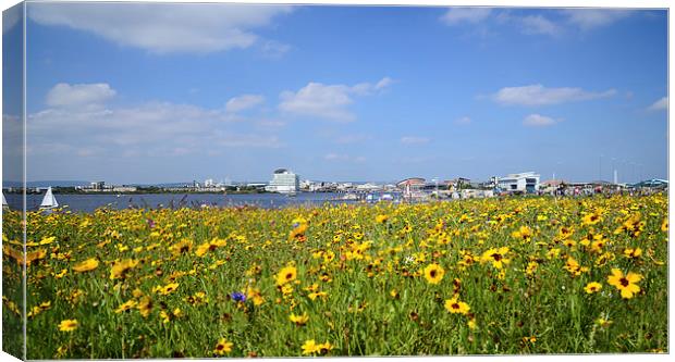  Cardiff Bay, Wales with flowers in foreground Canvas Print by Jonathan Evans