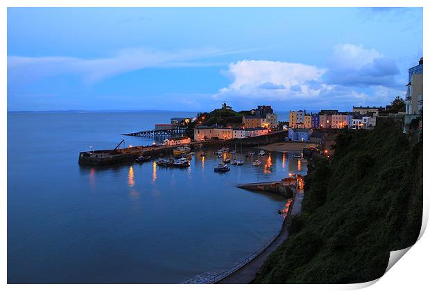 Sunset Tenby Harbour with lights Print by Jonathan Evans