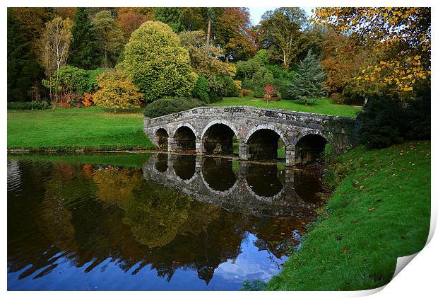 Bridge at Stourhead during Autumn Print by Jonathan Evans
