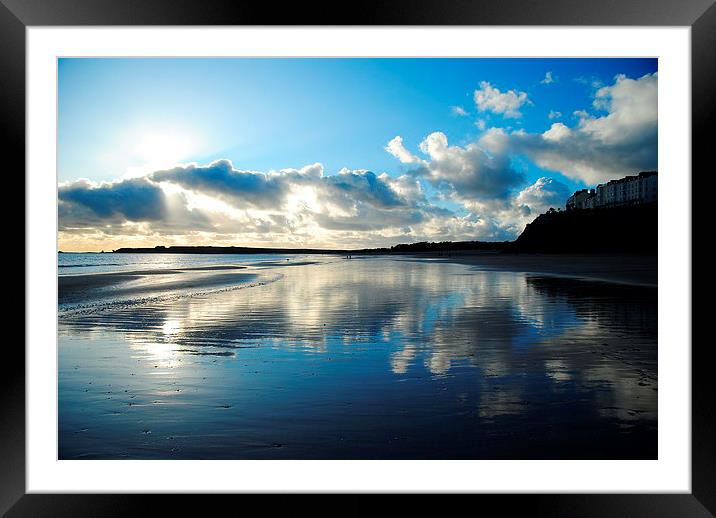 Tenby beach in winter blue reflection Framed Mounted Print by Jonathan Evans