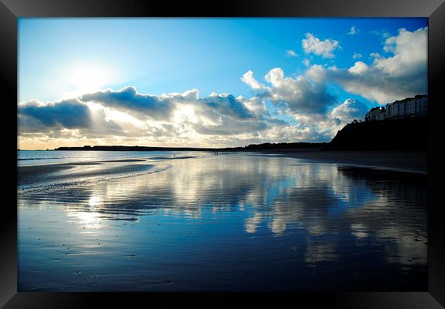 Tenby beach in winter blue reflection Framed Print by Jonathan Evans