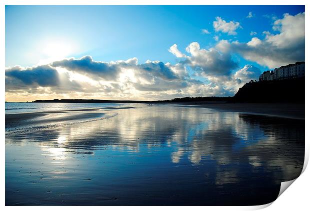 Tenby beach in winter blue reflection Print by Jonathan Evans