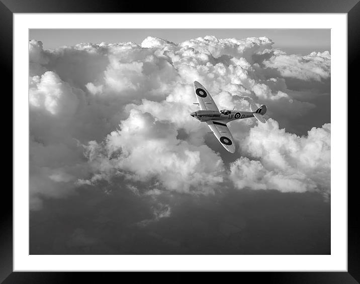 Soaring silver Spitfire cloudscape black and white Framed Mounted Print by Gary Eason