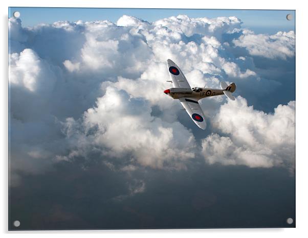 Soaring silver Spitfire cloudscape Acrylic by Gary Eason