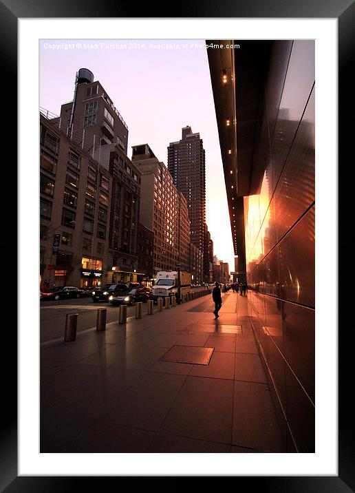 New York Street Sunset and Reflection Framed Mounted Print by Mark Purches