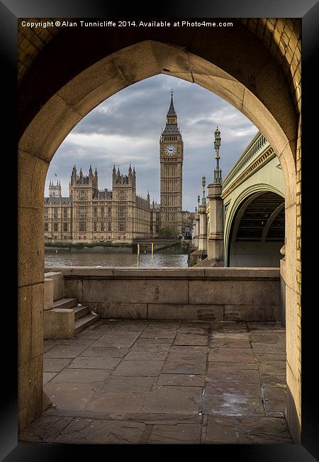 Majestic Big Ben Framed in Stone Gateway Framed Print by Alan Tunnicliffe