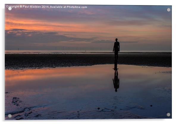 Iron man reflection at Crosby Beach Acrylic by Paul Madden
