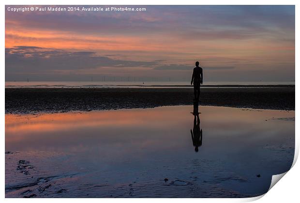 Iron man reflection at Crosby Beach Print by Paul Madden