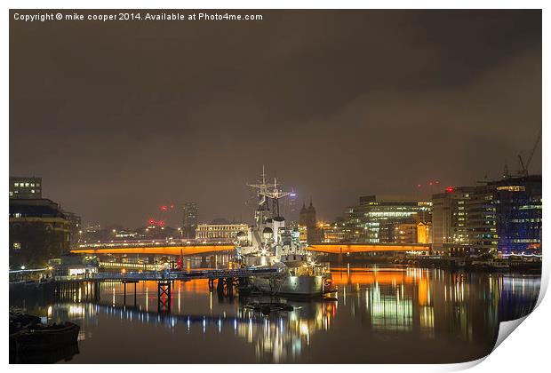hms Belfast on the thames  Print by mike cooper