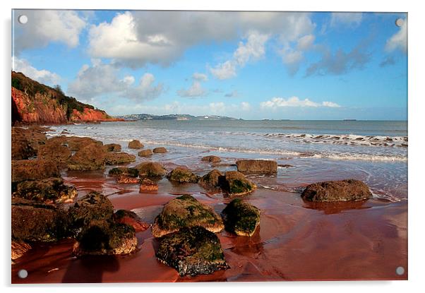  Red cliffs and sand at Broadsands Beach Torbay  Acrylic by Rosie Spooner