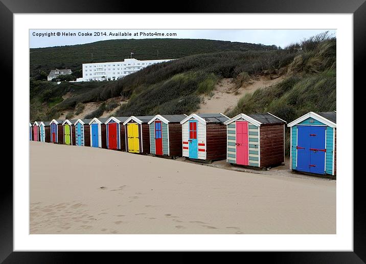 Bright beach huts at Saunton Framed Mounted Print by Helen Cooke