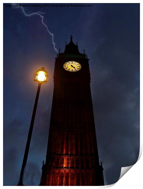  Lightning strikes Big Ben Print by sylvia scotting