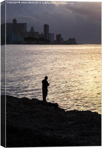 Silhouette of a man fishing in Havana Canvas Print by Jason Wells