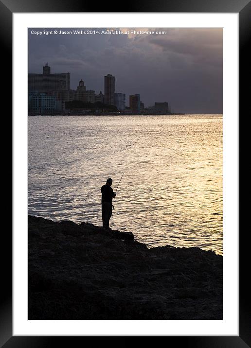 Silhouette of a man fishing in Havana Framed Mounted Print by Jason Wells