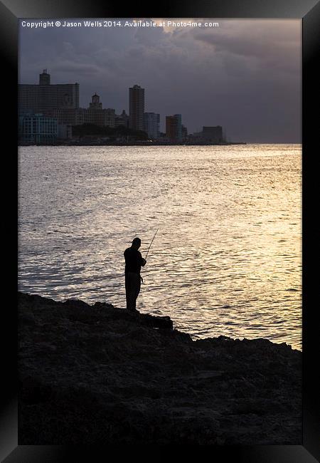 Silhouette of a man fishing in Havana Framed Print by Jason Wells