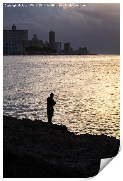 Silhouette of a man fishing in Havana Print by Jason Wells