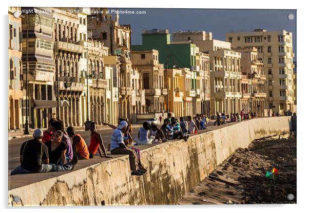 Locals gather on the seawall of Havana Acrylic by Jason Wells