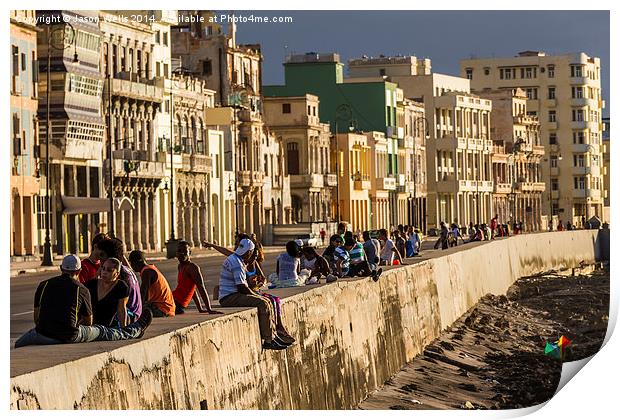 Locals gather on the seawall of Havana Print by Jason Wells