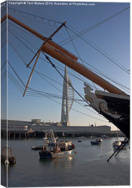 HMS Warrior Viewing The Spinnaker Tower Canvas Print by Terri Waters