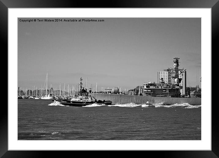 HMS Lancaster Leaving Portsmouth Harbour  Framed Mounted Print by Terri Waters