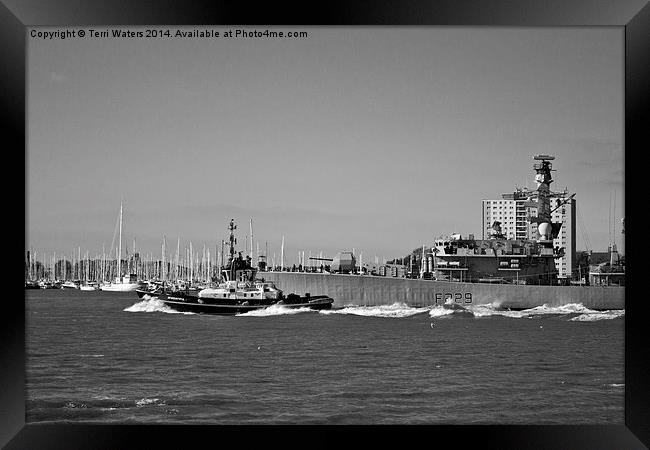 HMS Lancaster Leaving Portsmouth Harbour  Framed Print by Terri Waters
