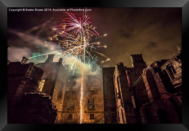 Fireworks in the ruins of Dunmore Park House. Framed Print by Buster Brown