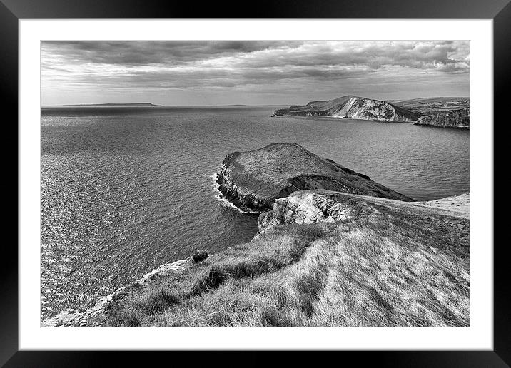  Worbarrow Tout in mono.  Framed Mounted Print by Mark Godden