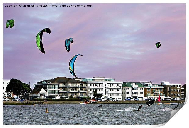 Kite Surfers at Poole Harbour Print by Jason Williams