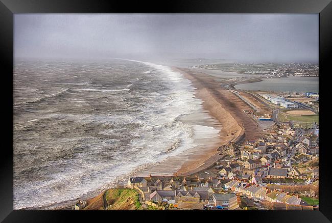  Stormy Chesil Beach. Framed Print by Mark Godden