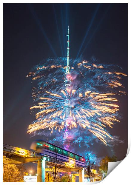  Ostankino tower fireworks Print by Sergey Golotvin