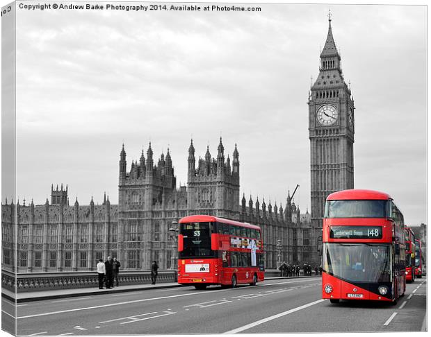 Buses on Westminster Bridge  Canvas Print by A B