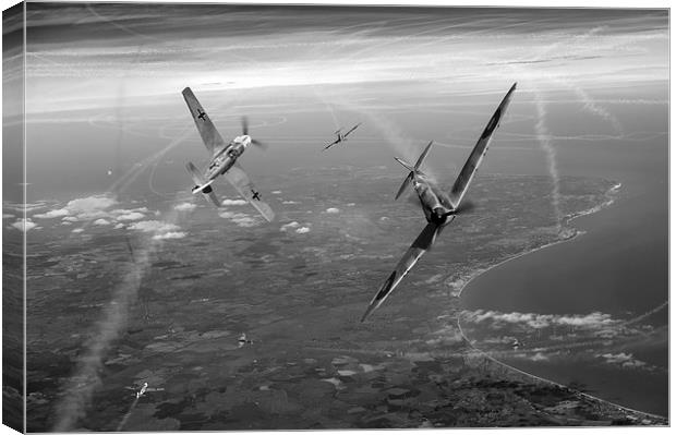 Battle of Britain duellists: Spitfire and Bf109 B& Canvas Print by Gary Eason