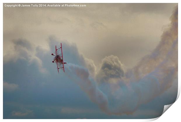 A smoking biplane corksrews in heavy cloud  Print by James Tully