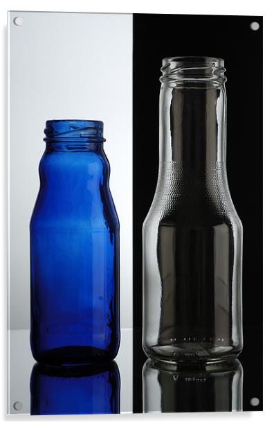 Glass bottles. Transparent over black, blue over w Acrylic by Josep M Peñalver