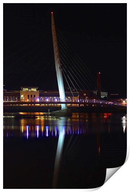  bridge lit up at night at swansea marina, south w Print by craig preece