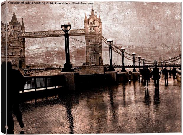  Tower Bridge on a rainy day Canvas Print by sylvia scotting