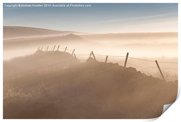  Mist and low sunlight on the moors Print by Andrew Kearton