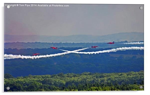  Red arrows crossing over nice landscape. Acrylic by Tom Pipe